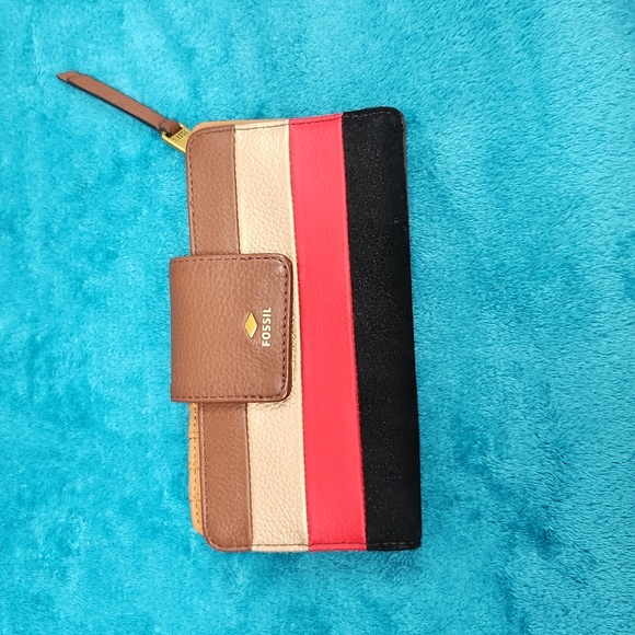 Fossil Red, Gold, Brown, and Black Bifold Leather Wallet - Picture 1 of 8